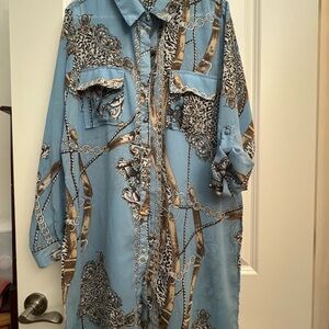 Blue and Brown Patterned Shirt Dress